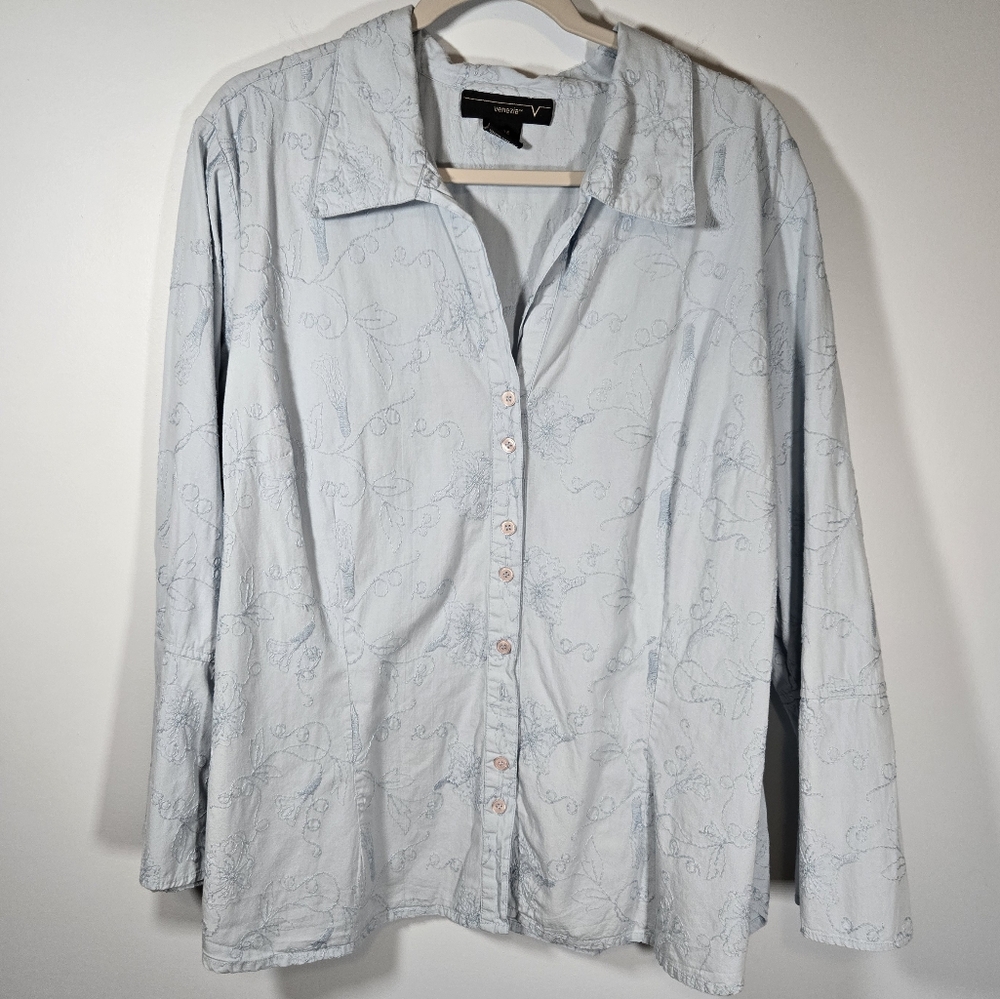 Venezia Sky Blue Embroidered Women's Blouse Size 22/24 Button Down Shirt